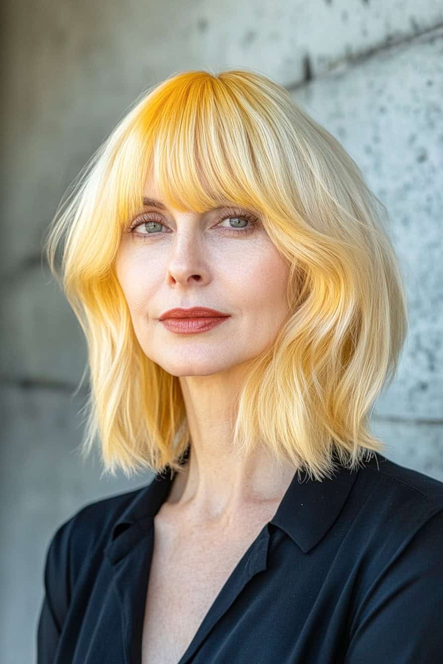 Woman with soft blonde hair styled in a classic long layered bob with bangs, adding a youthful and elegant touch.