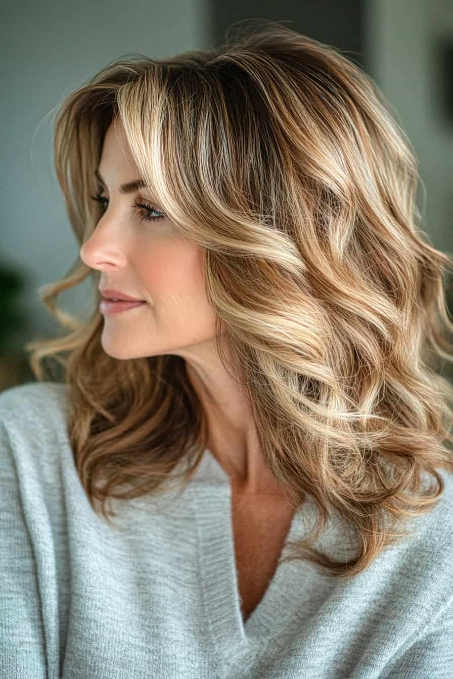 Woman with soft blonde waves featuring caramel highlights, adding warmth and dimension to her hairstyle.