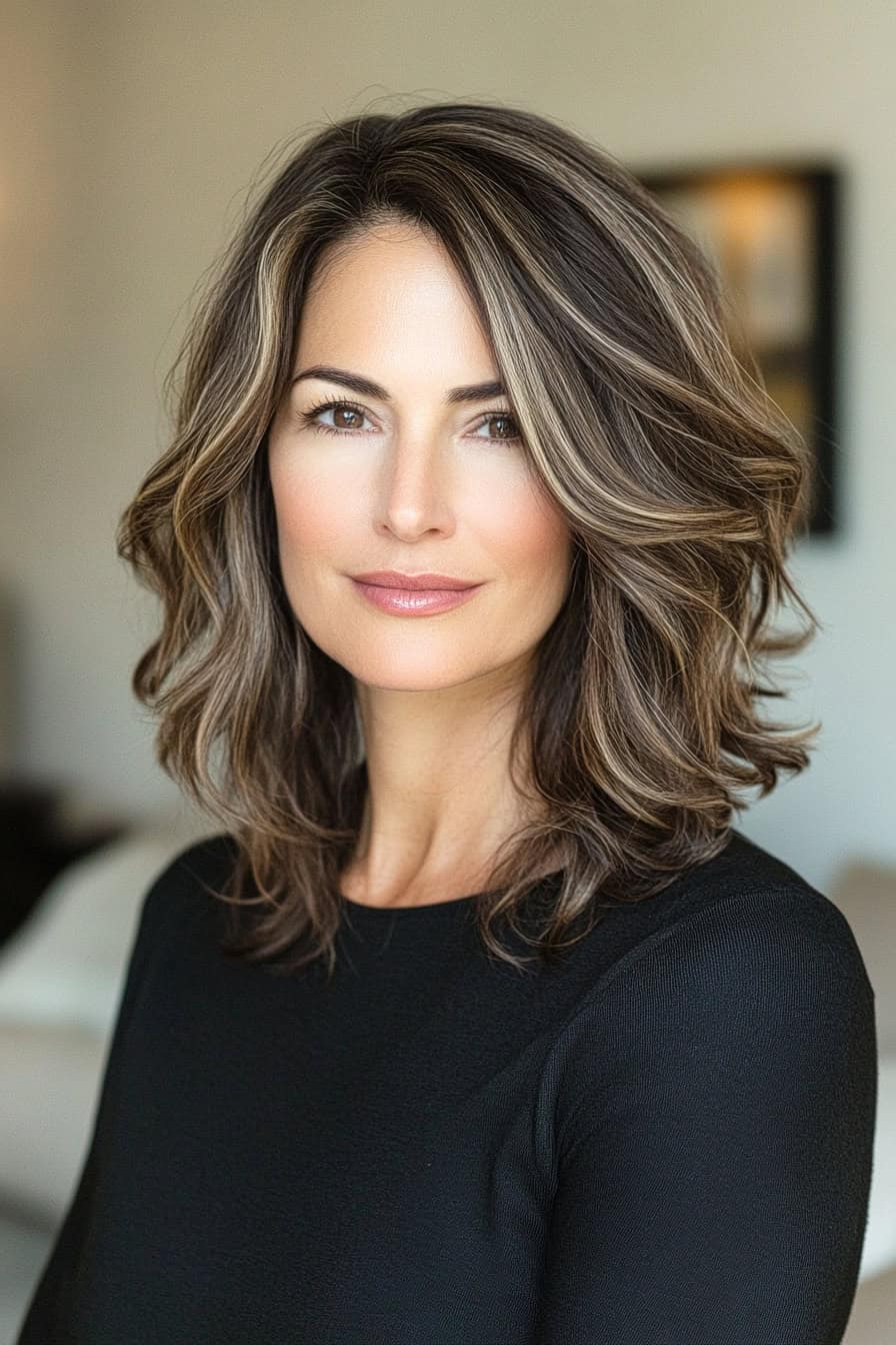 Woman with soft brown hair styled in ash brown color, exuding understated elegance and sophistication.