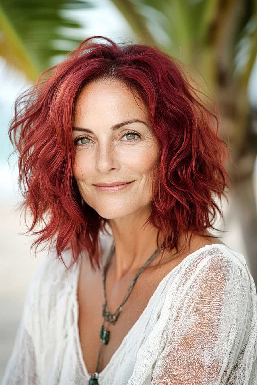 Woman with soft red waves styled in a messy beachy layered bob, adding a carefree and edgy look.