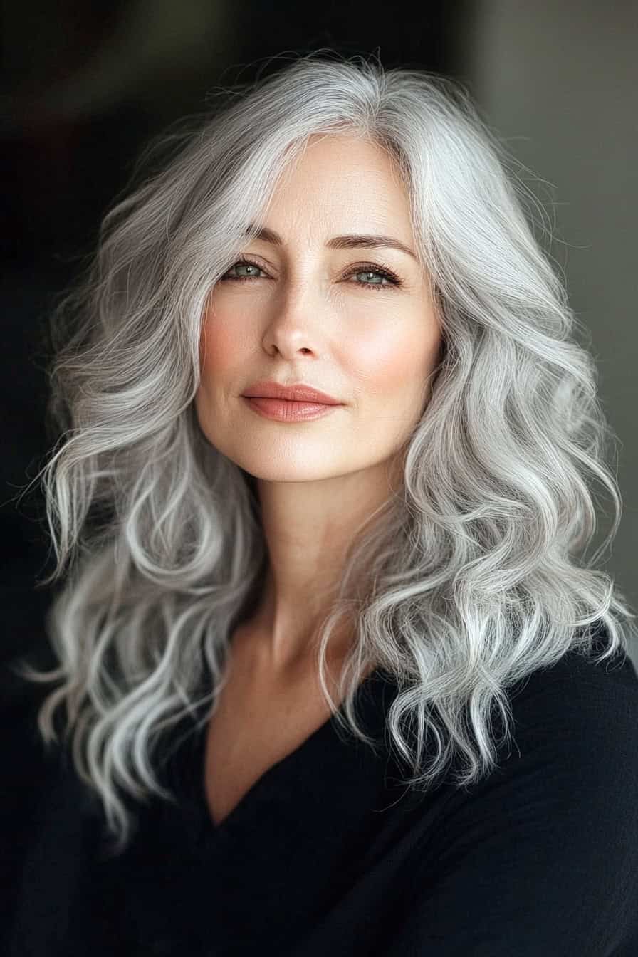 Woman with soft silver curls styled in defined waves, adding elegance and grace to her look.