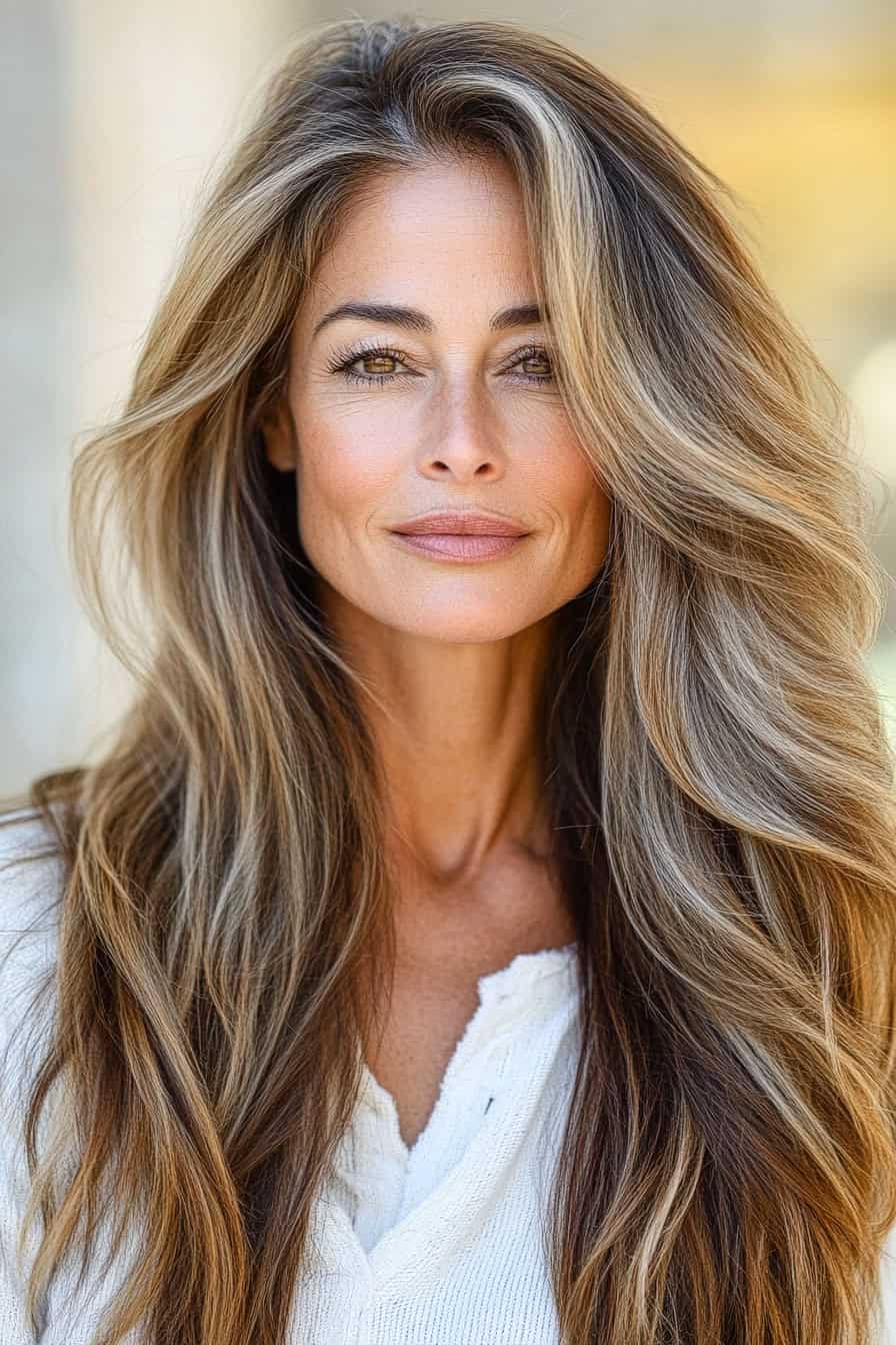 Woman with wavy hair, natural makeup, and a relaxed outfit in a soft, inviting background.