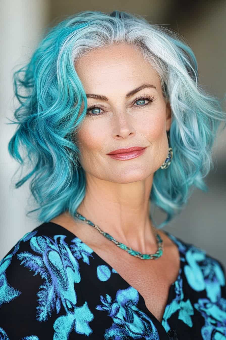 Woman with teal and silver curly hair in electric blue color, exuding boldness and elegance.