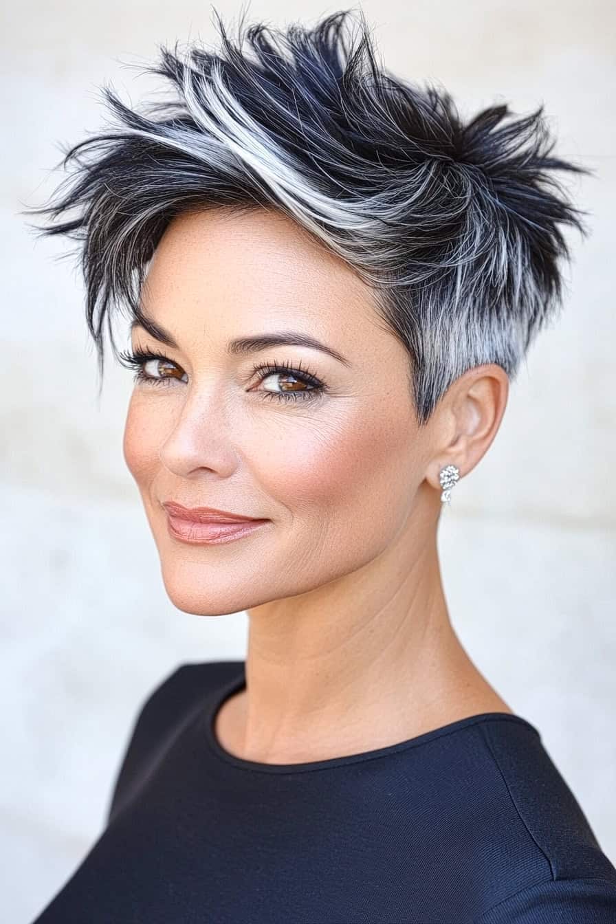 Woman with textured short hair styled in a bold ombre, featuring a dramatic color transition from dark roots to light ends.