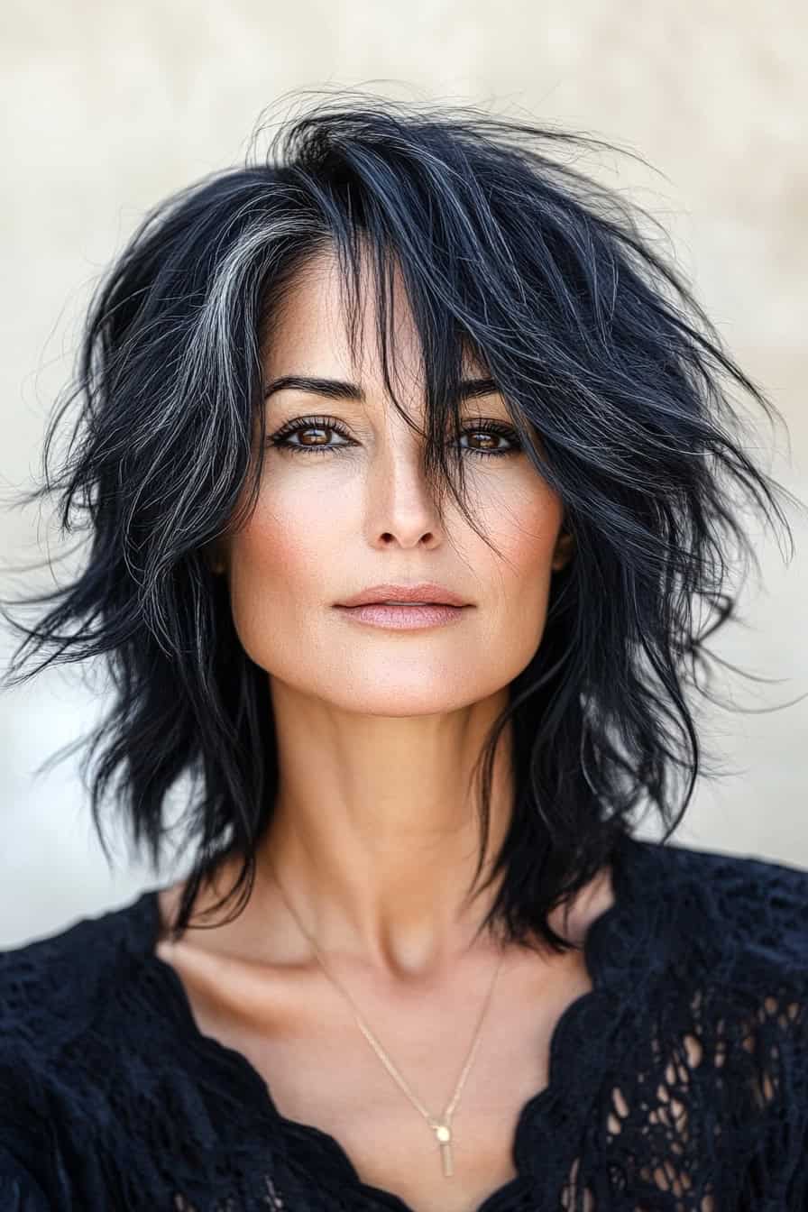 Woman with tousled dark hair styled in a textured medium length shag haircut, adding volume and a carefree vibe.