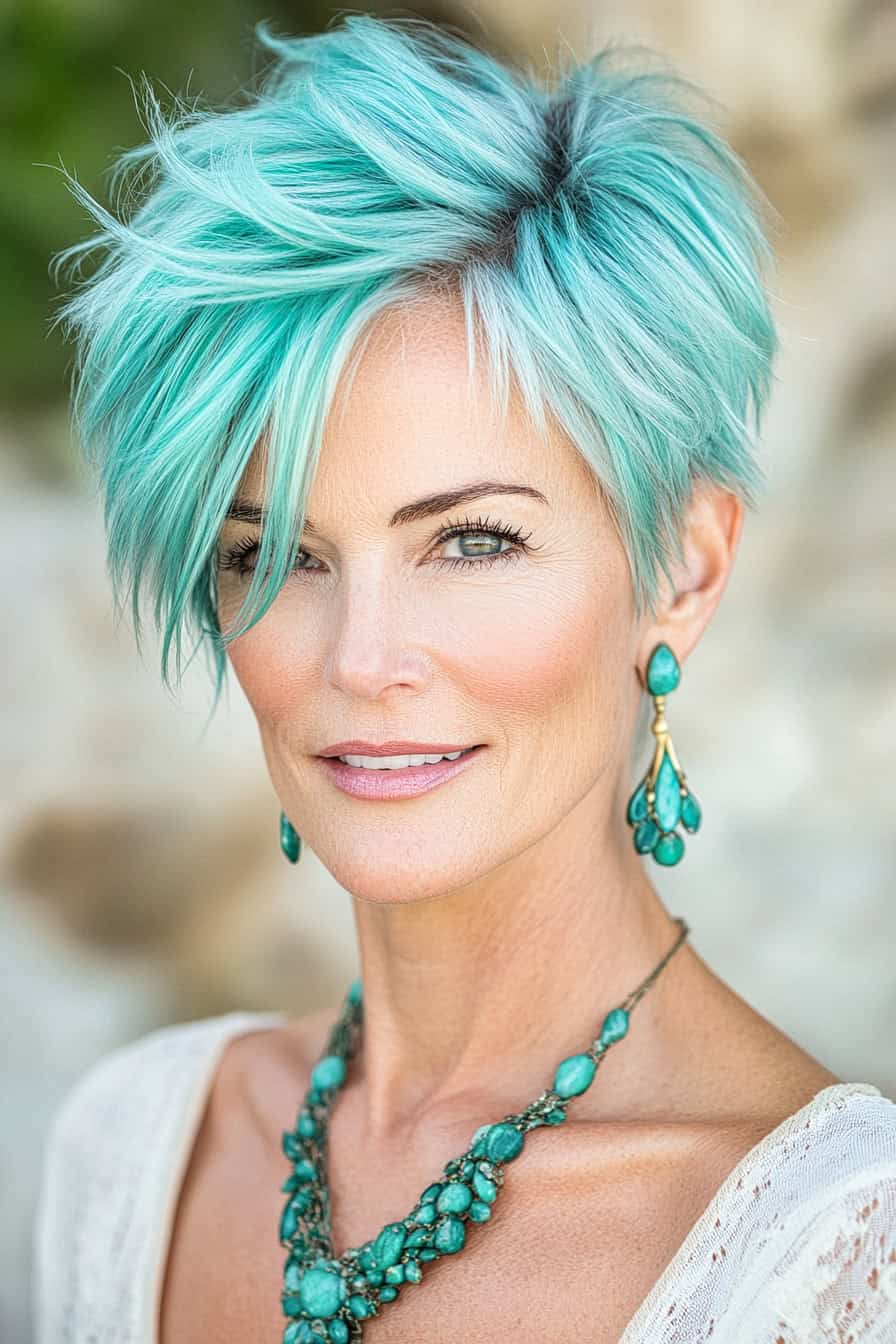 Woman with turquoise short hair featuring teal highlights, showcasing a modern and edgy look.