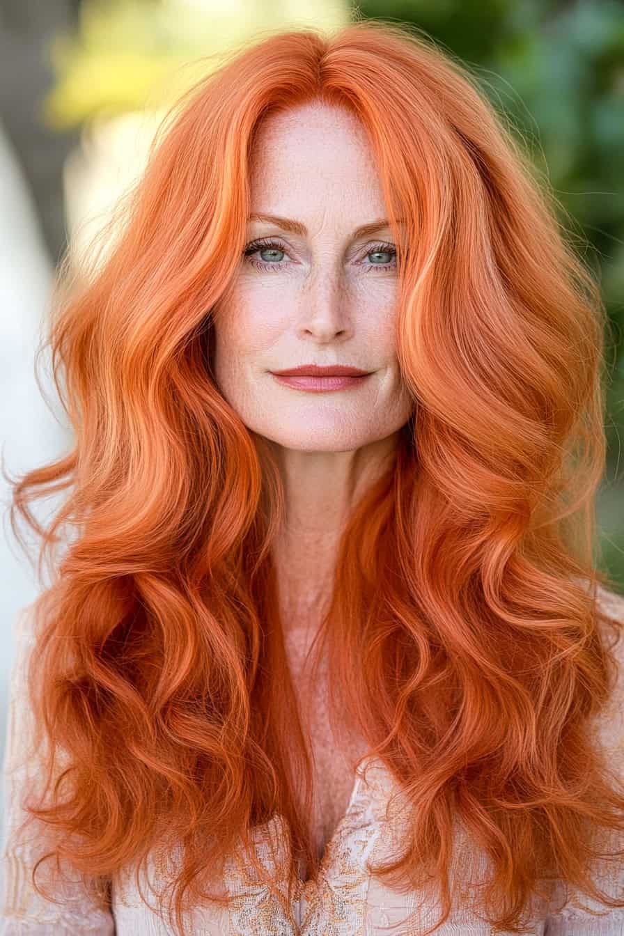 Woman with vibrant orange hair styled in effortless beachy waves, adding volume and a relaxed beach-inspired look.