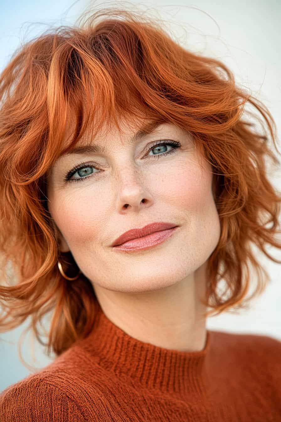 Woman with vibrant red curls styled with wispy bangs, adding a delicate and youthful touch to her short haircut.