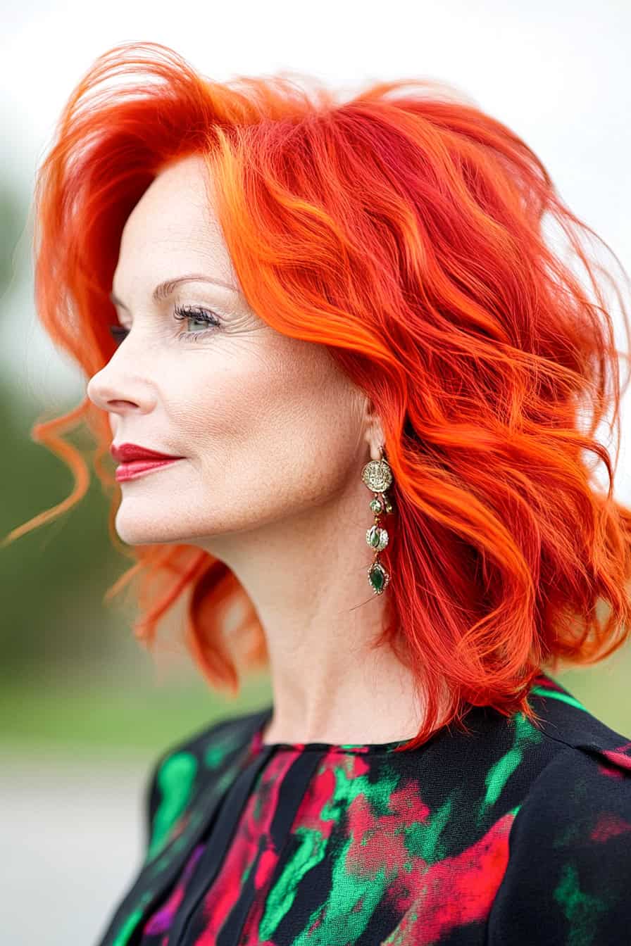 Woman with vibrant red hair styled in a bold red color, adding a striking and confident statement to her look.