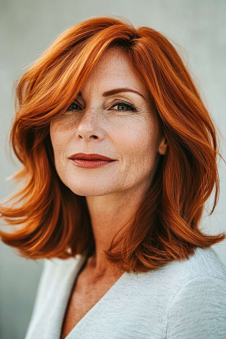 Woman with vibrant red waves hair styled in a timeless shoulder-length layered bob, offering versatility and elegance.