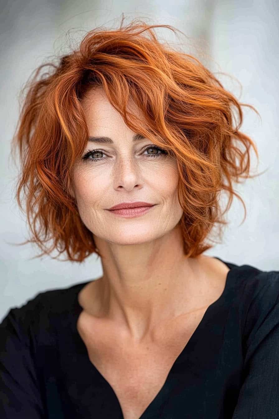 Woman with vibrant red wavy hair styled in a playful shaggy layered bob, adding texture and movement.