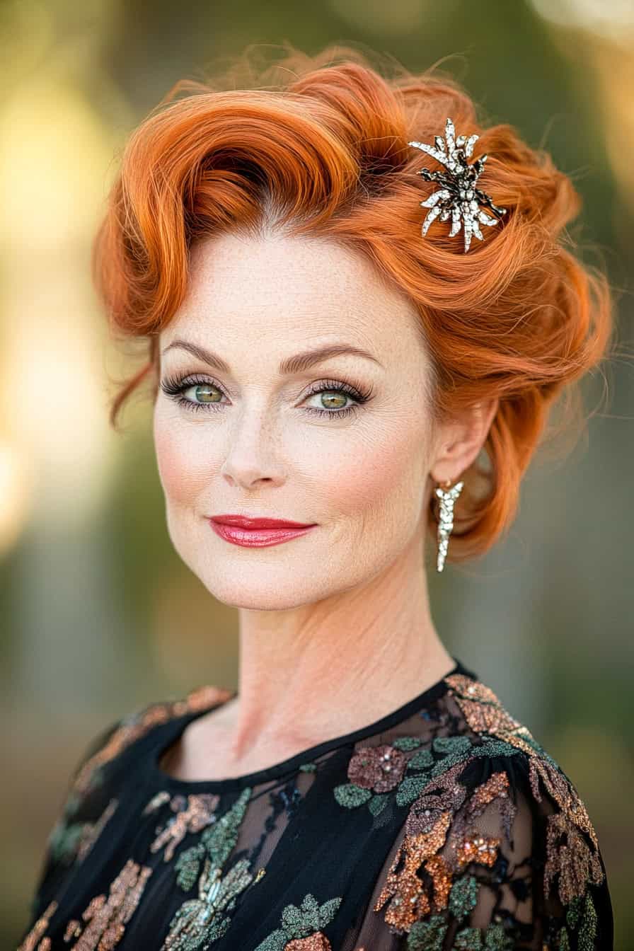 Woman with vintage red waves styled in upswept hair adorned with decorative accessories, adding drama and elegance.