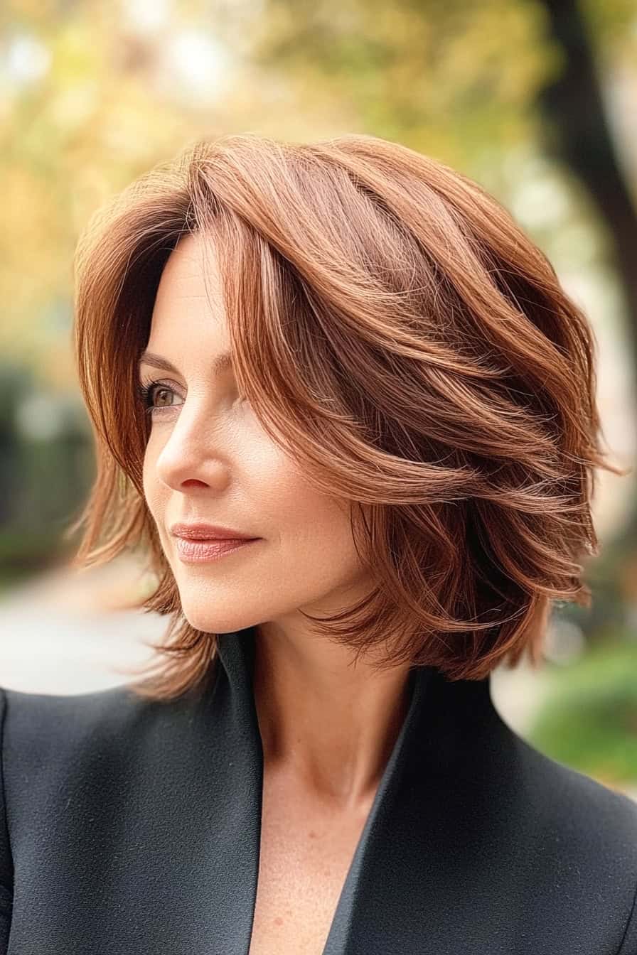 Woman with voluminous auburn bob styled in a bouncy layered bob, adding body and dynamic movement.