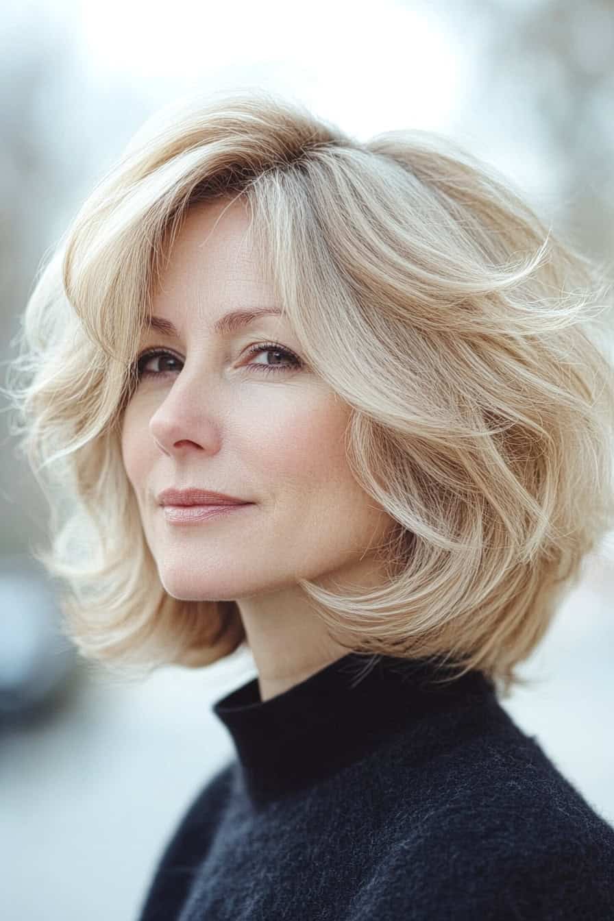 Woman with voluminous blonde waves hair styled in a textured layered bob, adding manageability and modern edge.