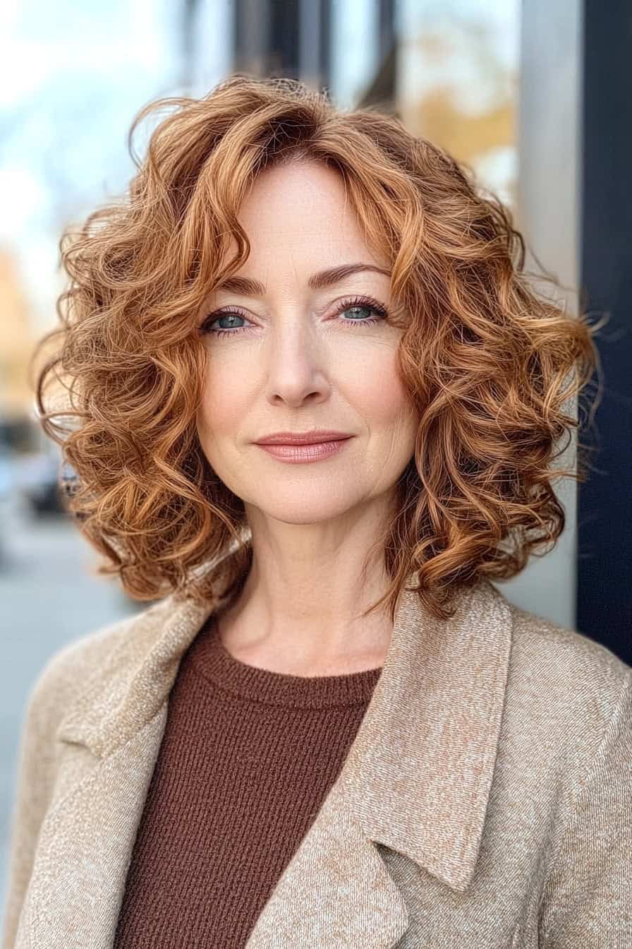 Woman with voluminous curly auburn hair styled in a glamorous curly layered bob, adding sophistication and bounce.