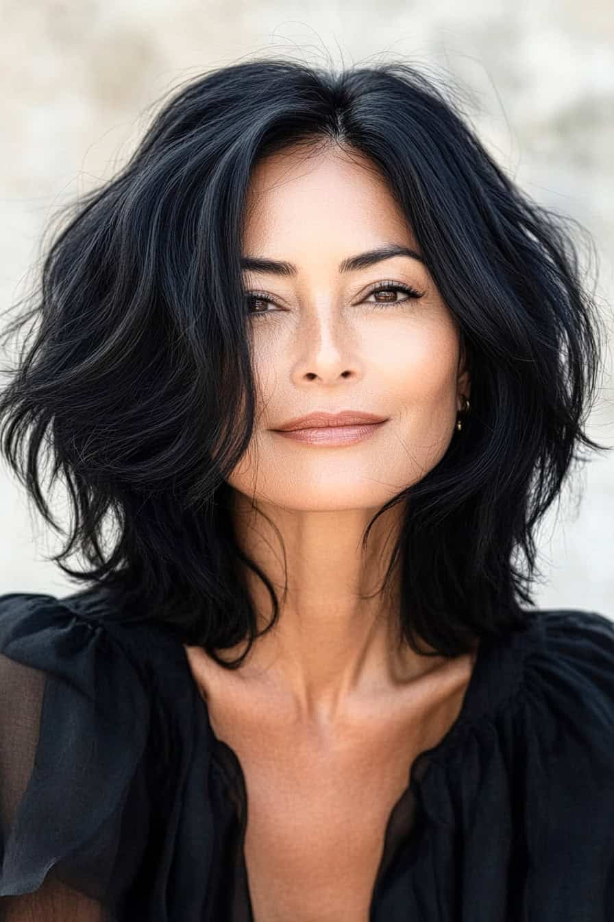 Woman with voluminous dark hair styled in a no-fuss textured lob, adding sophistication and effortless style.