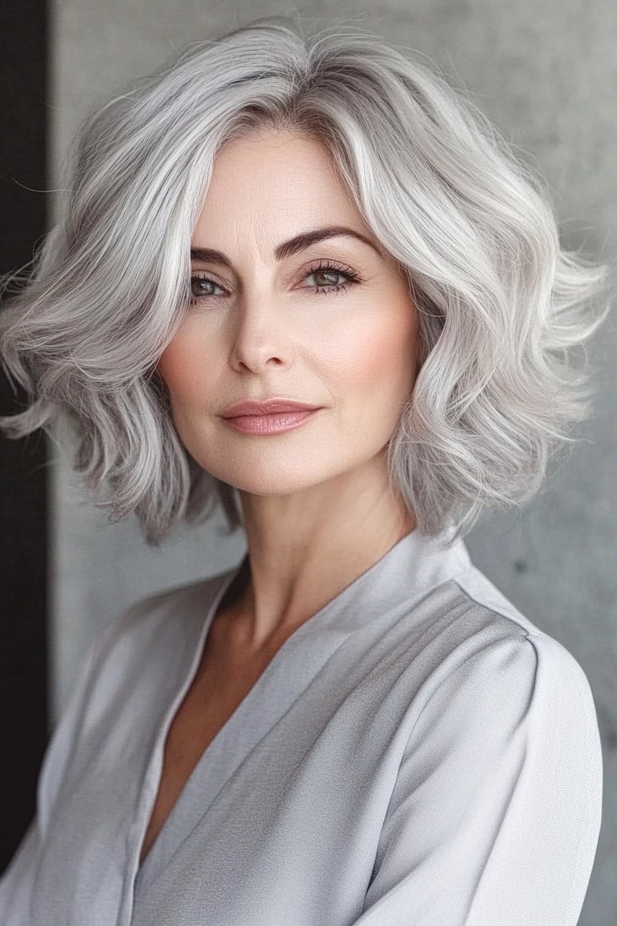 Sophisticated woman with silver hair, elegant makeup, and chic gray attire exudes timeless beauty.