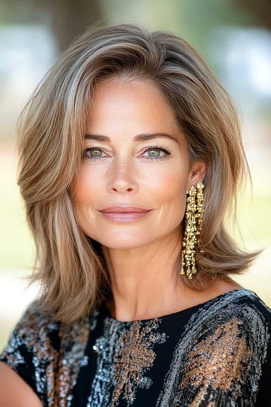 Woman with voluminous light brown wavy hair styled in a romantic long bob with face-framing layers, enhancing volume and elegance.