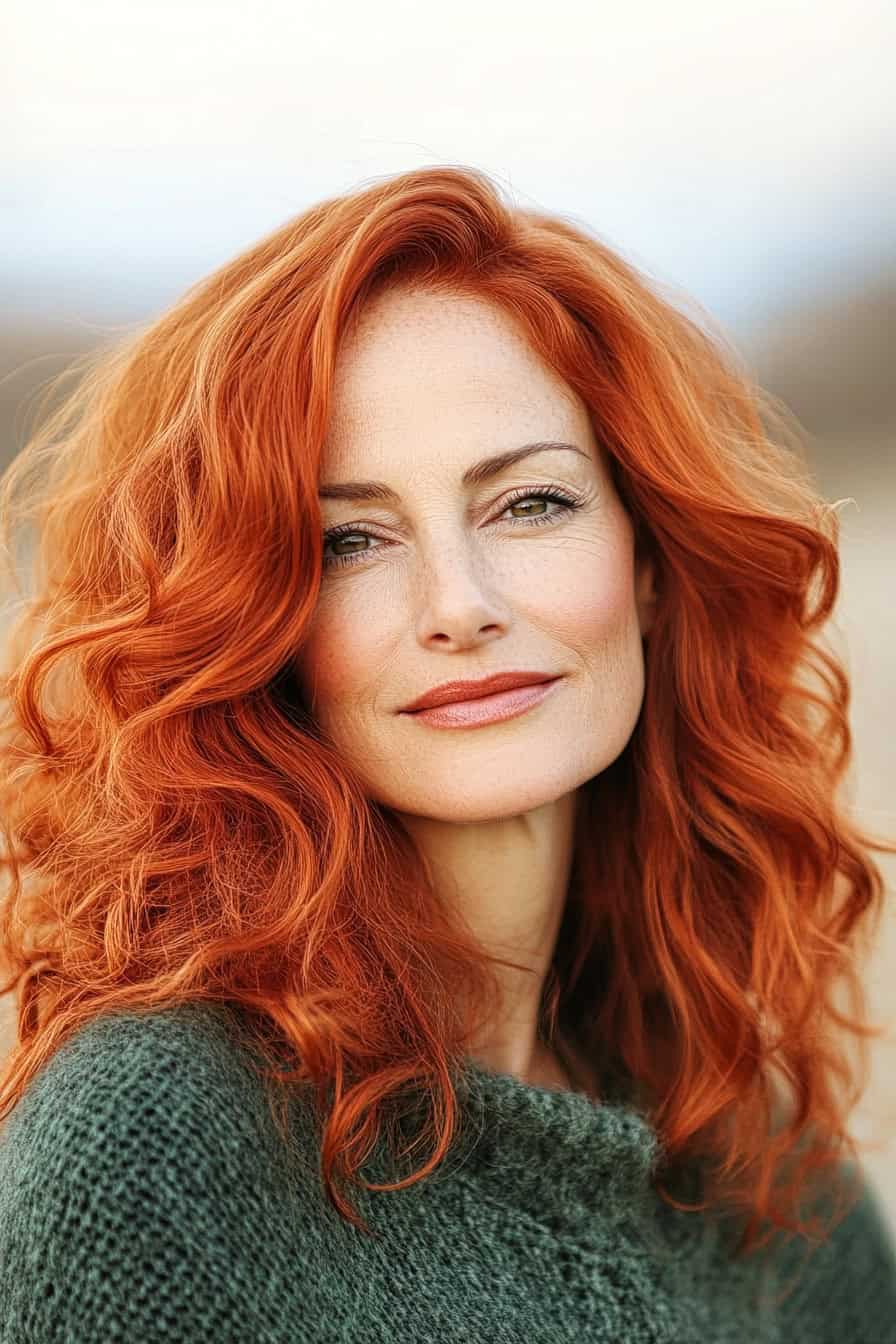 Woman with voluminous red curls styled in a natural texture, adding a relaxed and authentic appeal.