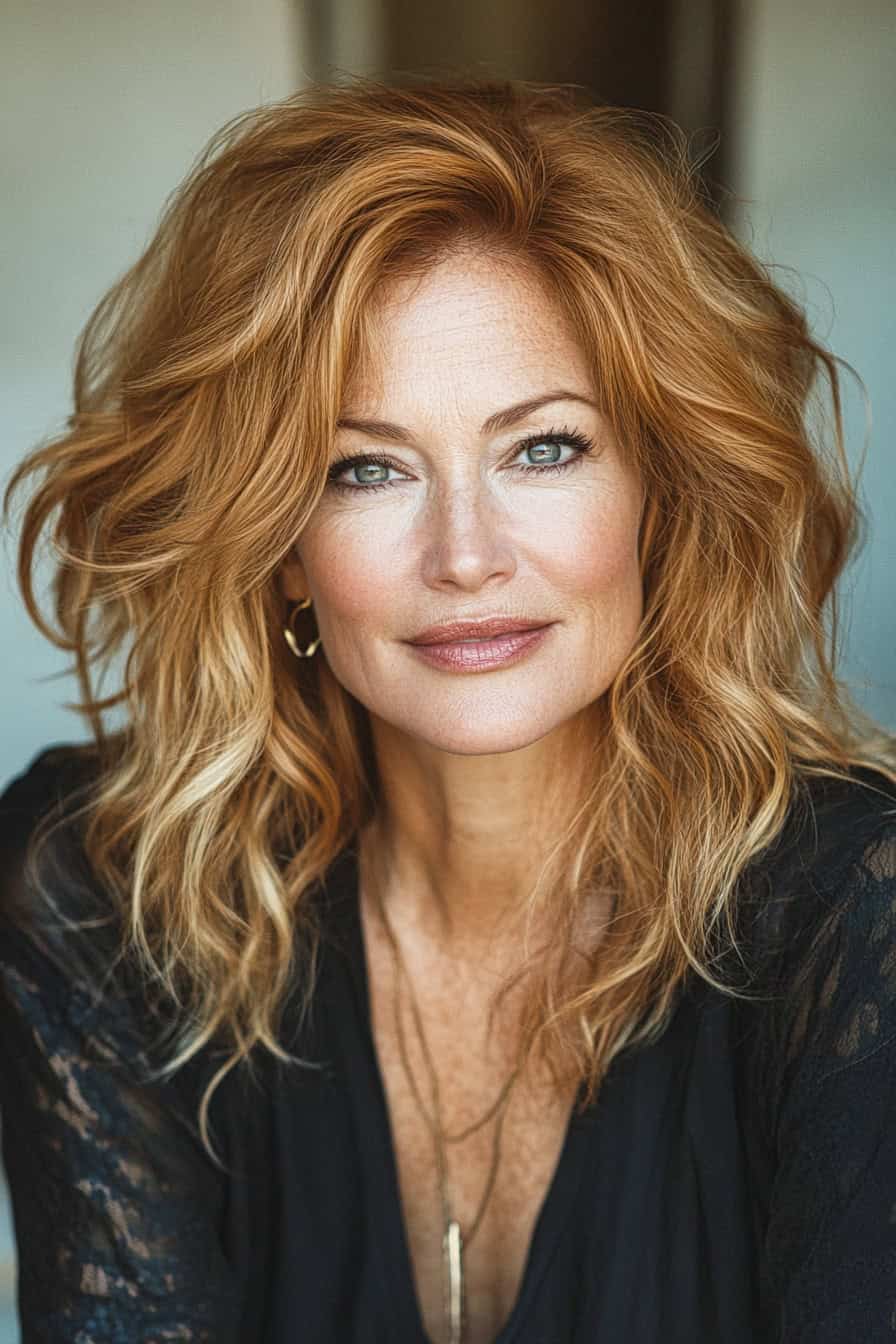 Woman with voluminous red waves styled in air-dried texture, adding natural appeal and effortless chic.