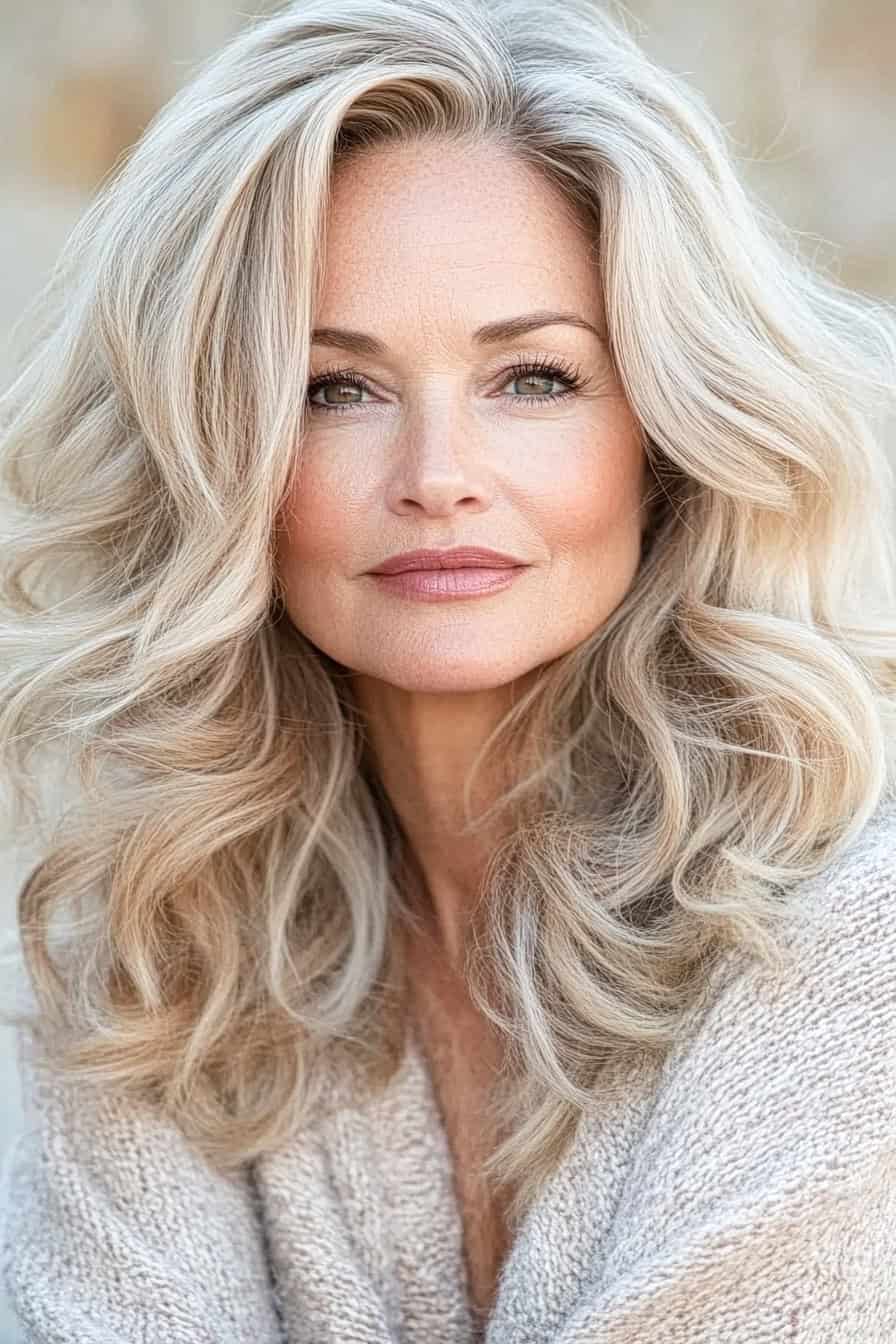 Serene woman with flowing blonde hair and a natural glow in a cozy sweater.