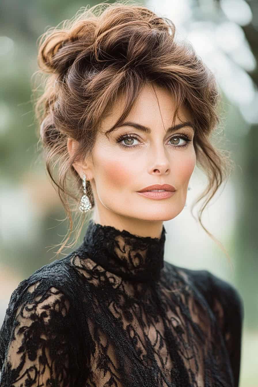 Woman with voluminous updo hair styled in a romantic updo with loose waves, adding feminine elegance.