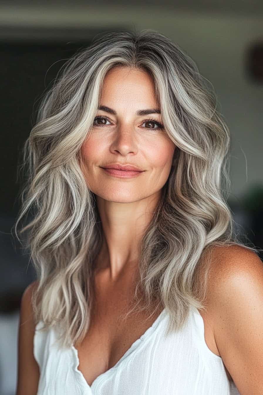 Woman with wavy blonde hair styled in natural balayage, creating a fresh and effortless appearance.