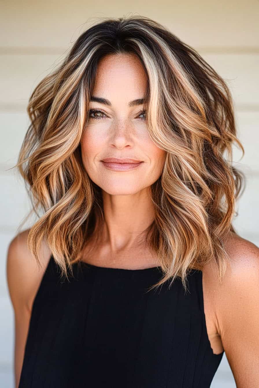 Woman with wavy brown hair styled in a deep balayage on a chic crop, adding natural dimension and richness.