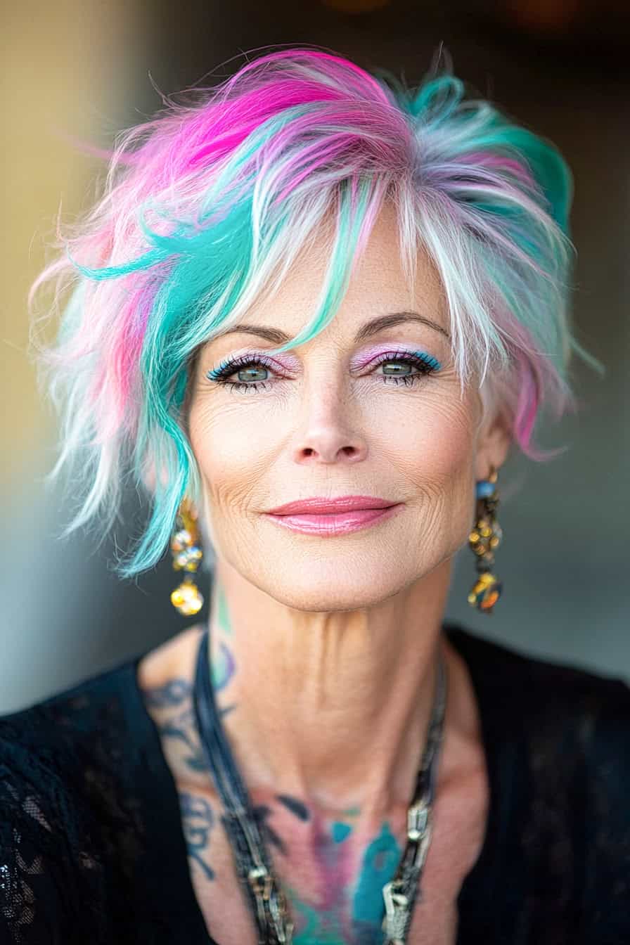 Woman with white and pink haircut featuring eye-catching neon highlights, adding a vibrant and futuristic flair.