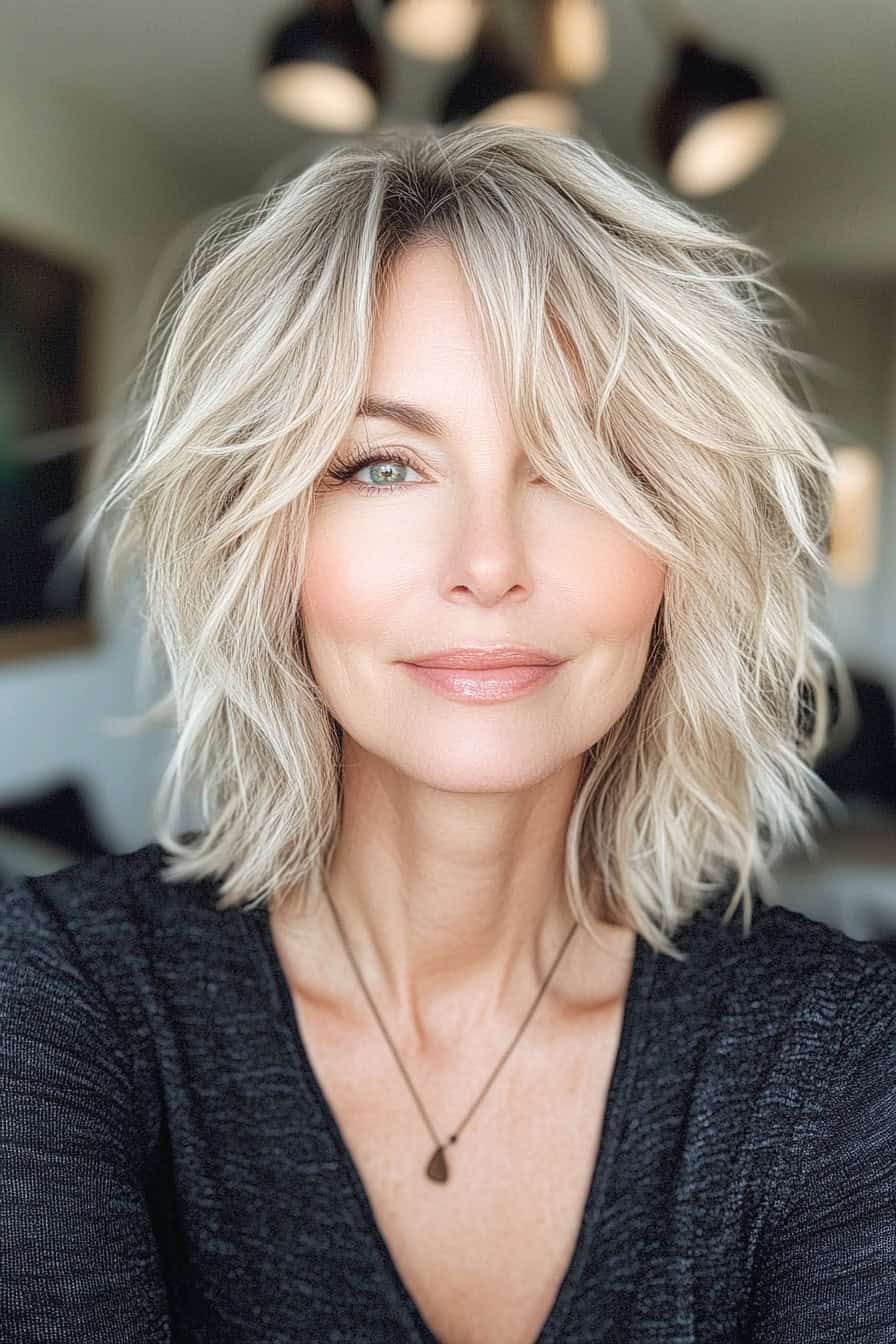 Woman with blonde waves showcasing a layered short shag haircut, adding texture and volume to her fine hair.