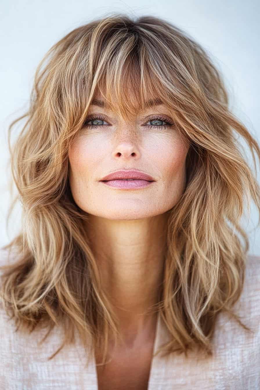 Woman with blonde wavy hair styled in a classic shag with bangs, adding volume and a fresh twist to her fine hair.