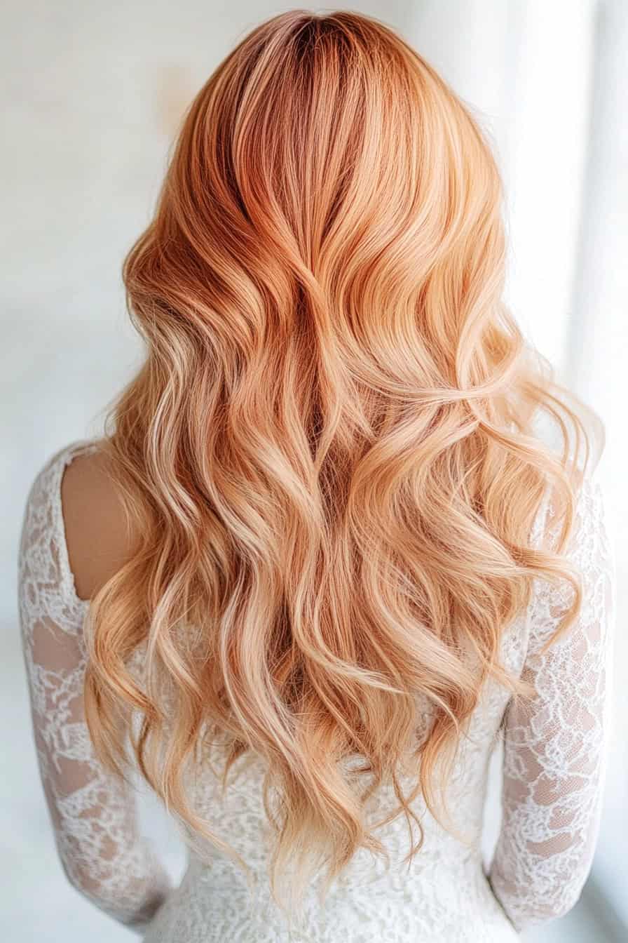 Woman with copper peach gradient hair styled in long beach waves, suitable for all hair types and enhancing an oval face.