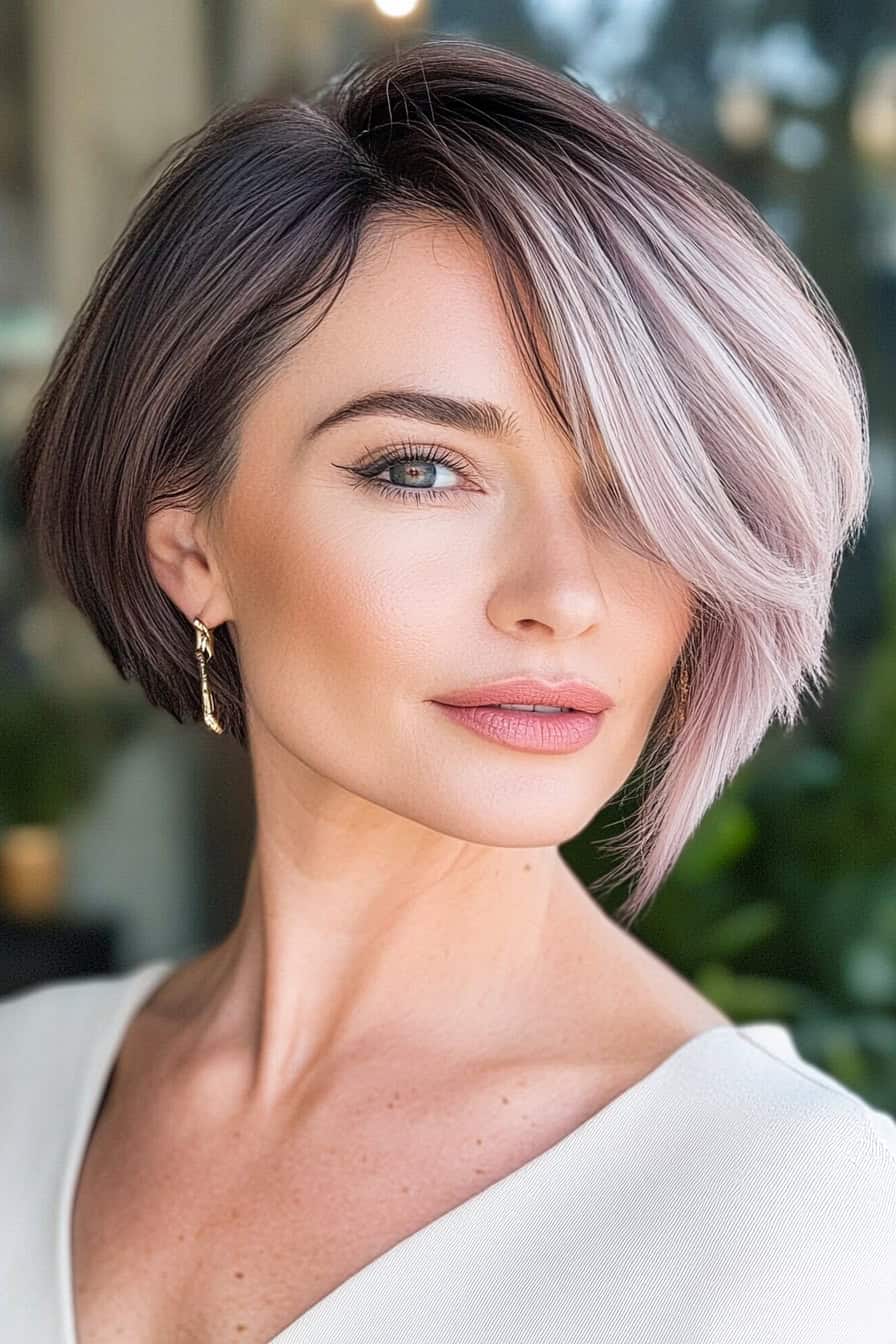 Elegant asymmetrical bob haircut with ombre effects, adding a modern and striking look to fine hair.