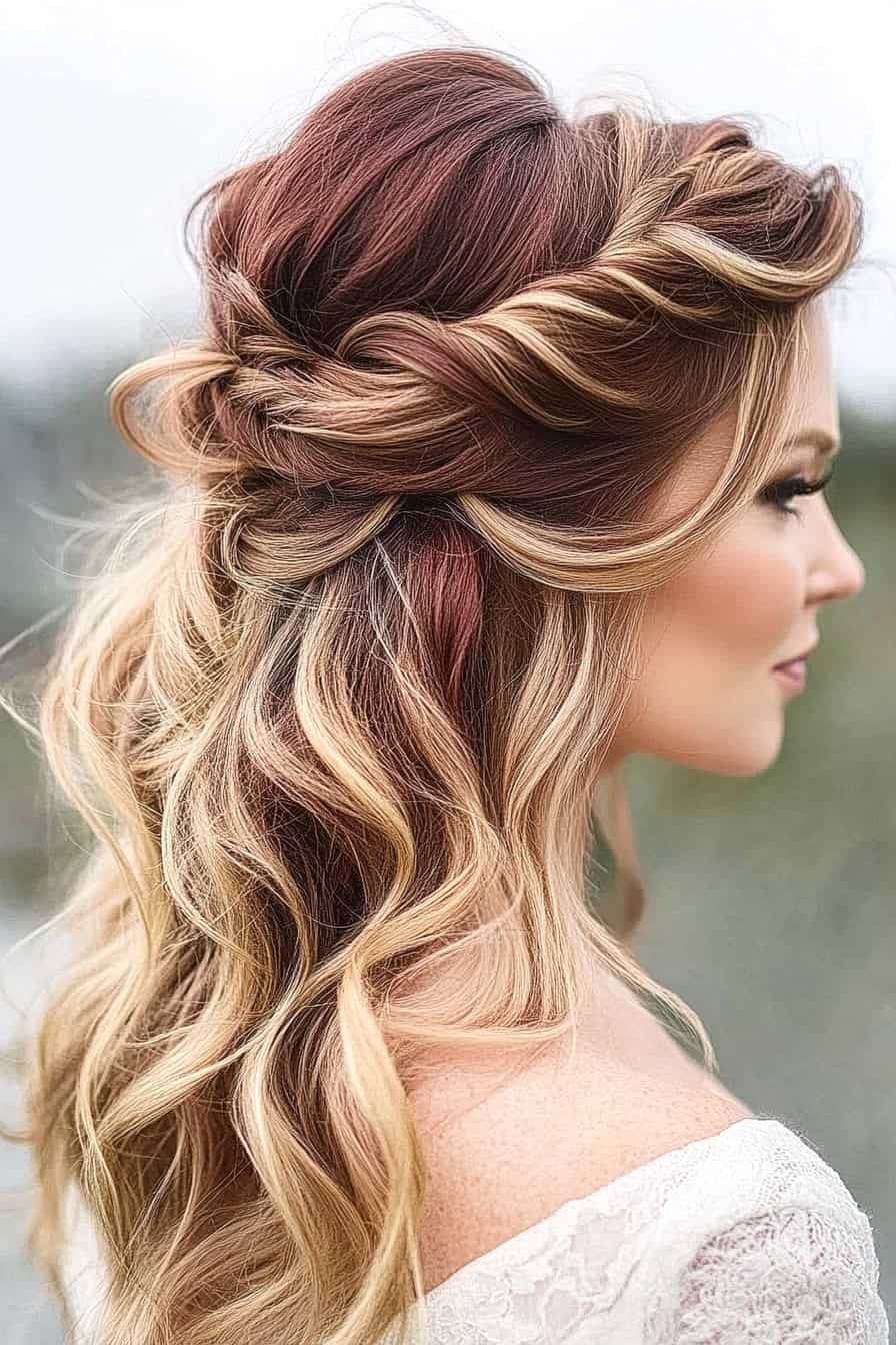 Woman with cascading curls styled in a romantic half-up, half-down updo, adding elegance and volume to her look.