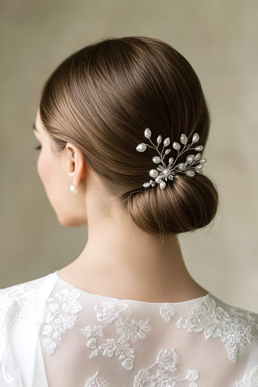 Woman with elegant low bun hairstyle adorned with pearls, perfect for oval faces.