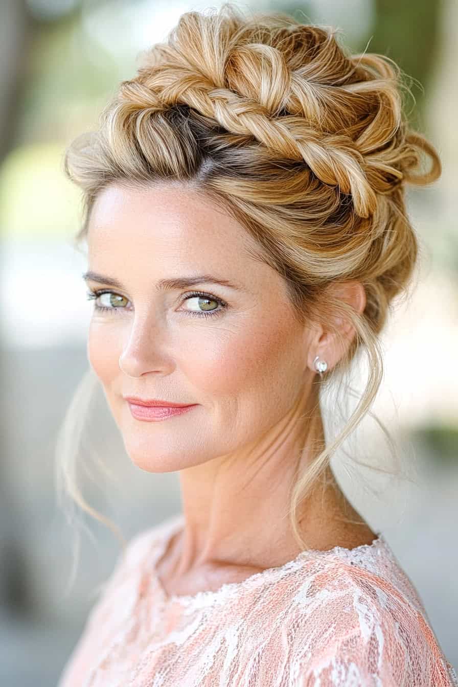 Woman with grey braided updo featuring a chic bun, adding texture and volume to her fine hair.