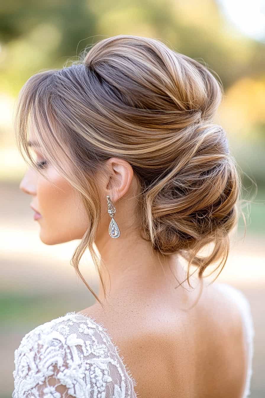 Stylish woman with elegant updo and sparkling earrings in a serene outdoor setting.