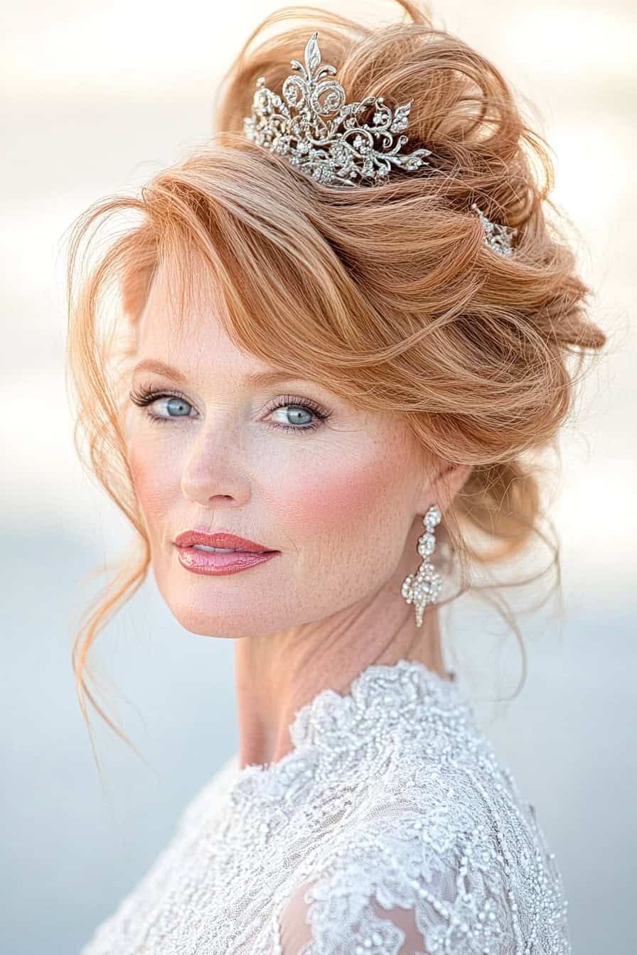 Elegant woman with updo and tiara, using a decorative hair comb for a sophisticated accent, complementing her glasses.