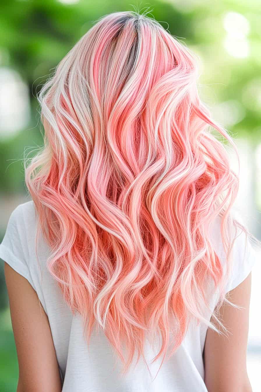 Woman with flirty watermelon beach waves, featuring soft pink and green waves for a summer-ready look.