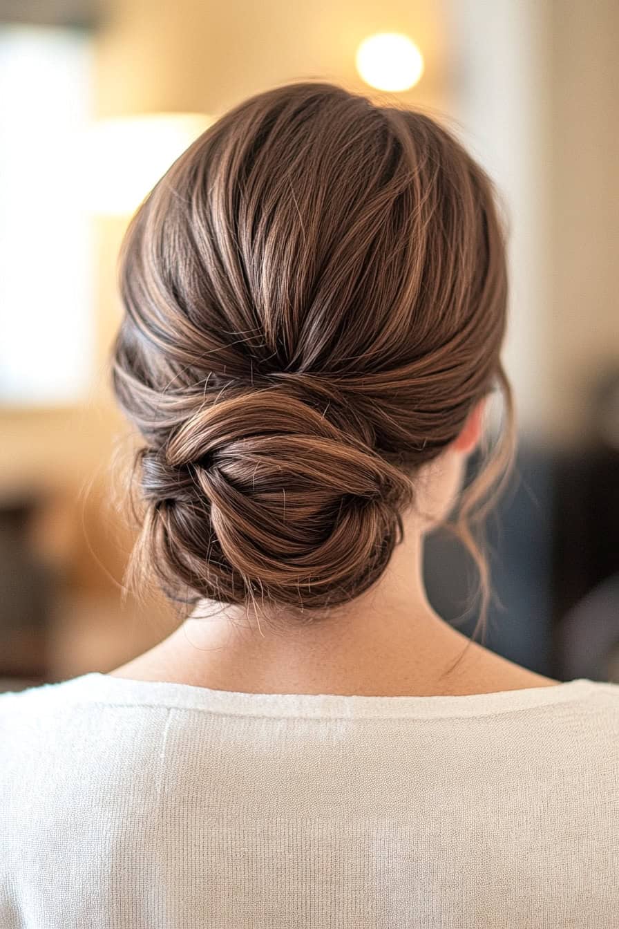 Elegant low bun hairstyle with delicate highlights, perfect for formal or casual occasions.