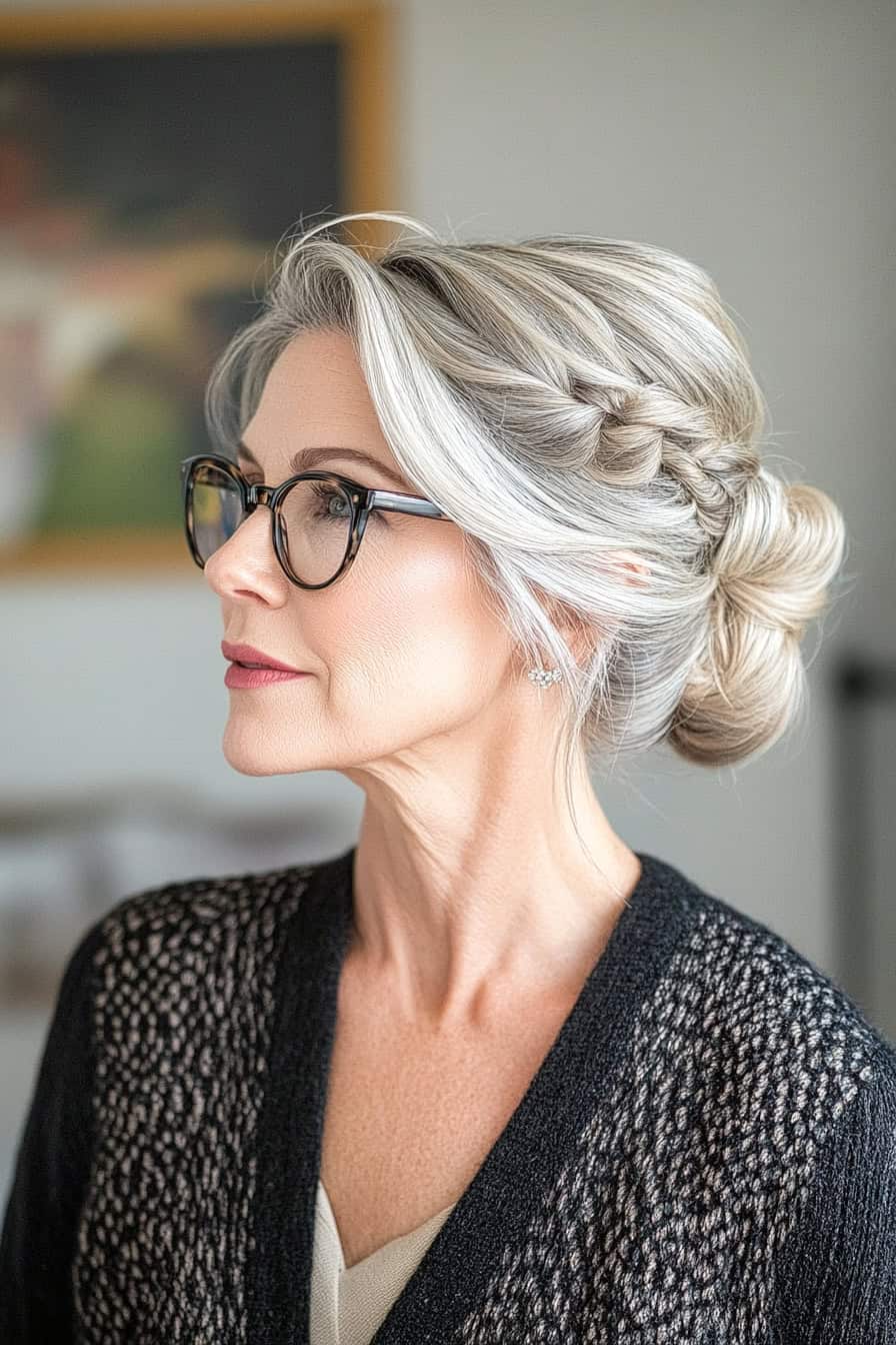 Elegant woman with silvery hair and stylish glasses, showcasing timeless beauty and sophisticated attire.