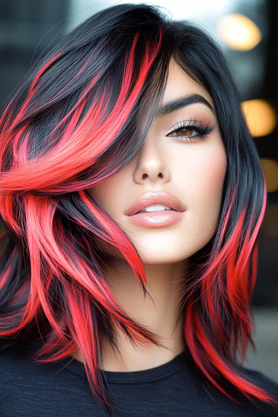 Woman with vibrant watermelon highlights on dark bob locks, creating a striking contrast.