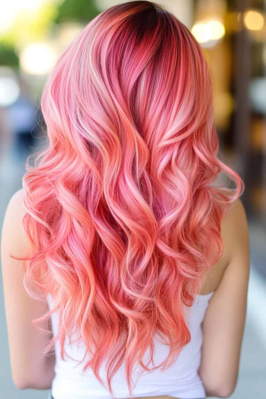 Woman with textured watermelon curls, showcasing vibrant pink and green waves adding depth to her hairstyle.