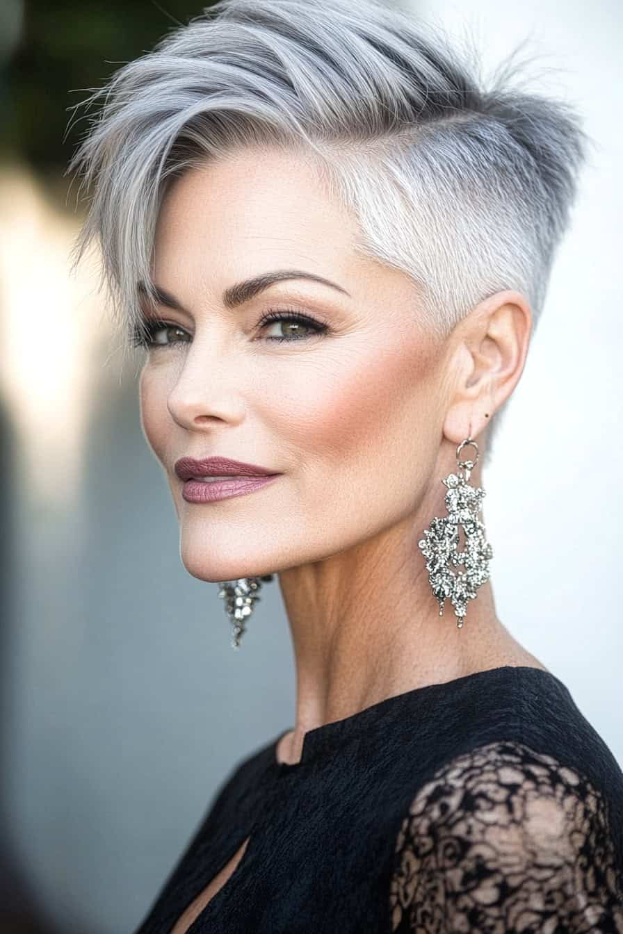 Woman with platinum blonde undercut hairstyle featuring a long top, creating an edgy and voluminous look.