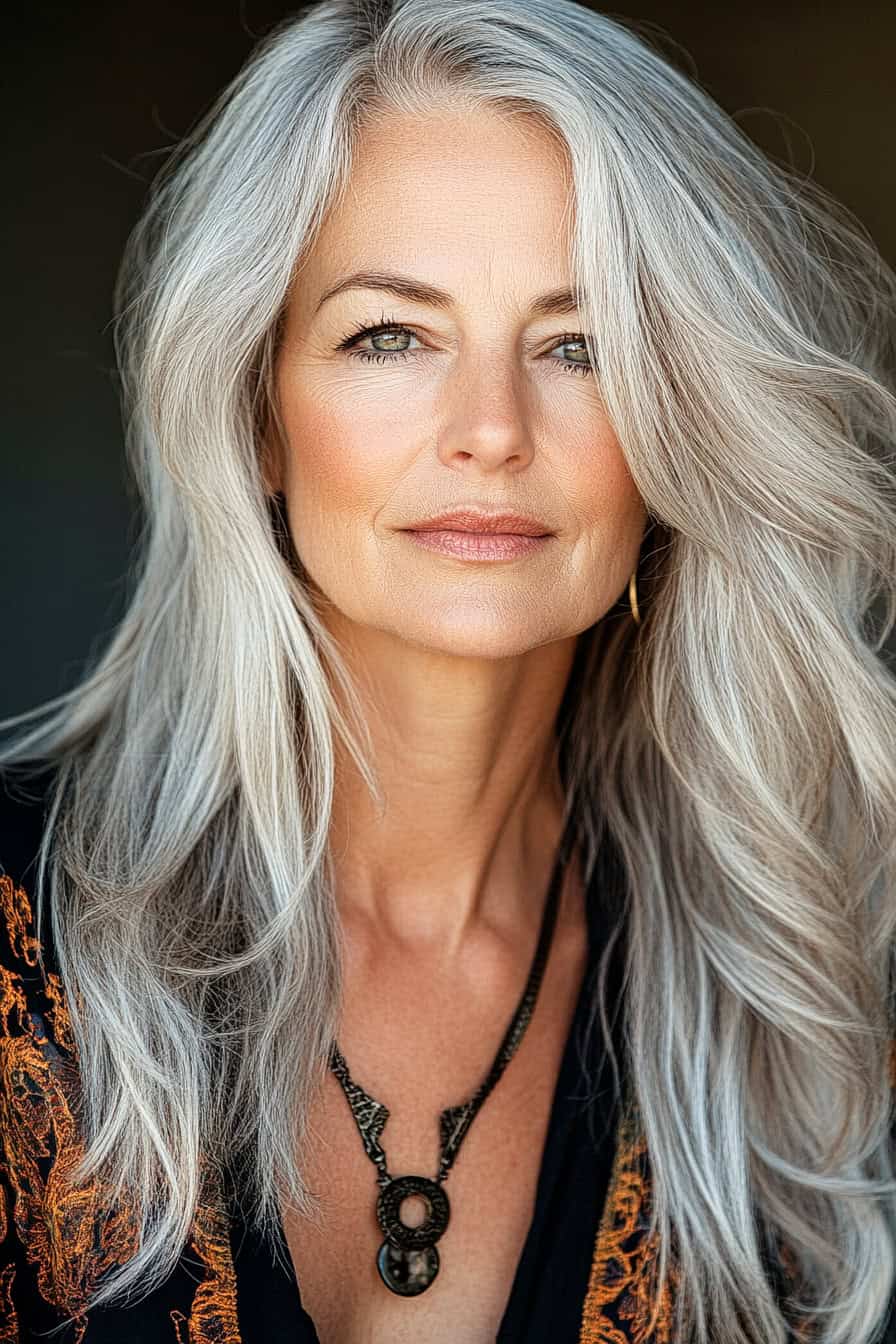 Woman with voluminous orange hair styled in bold long layers with asymmetrical cuts, adding volume and a striking look.