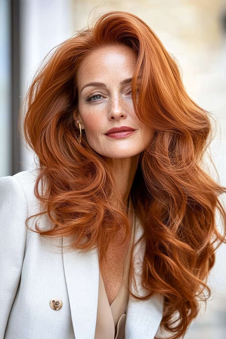 Striking woman with red waves hair styled in an elegant side-parted long hairstyle, adding volume and glamour.