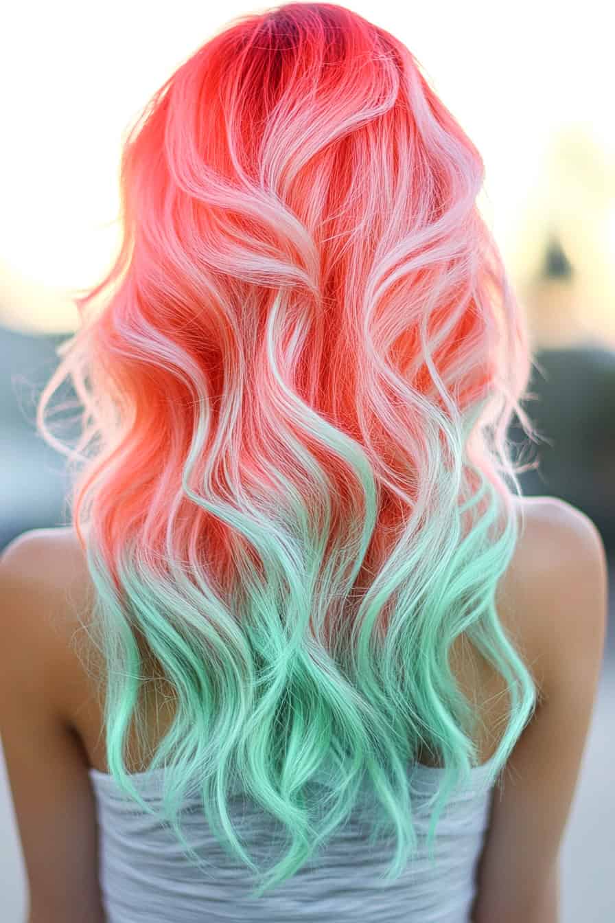 Woman with watermelon color melt hairstyle, featuring a seamless blend of coral and green ombre.