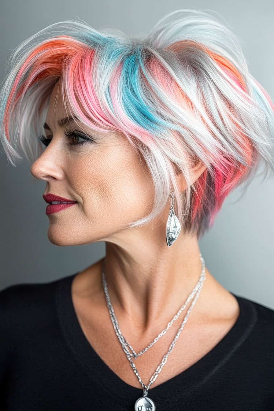 Stylish woman with vibrant multicolored hair, elegant jewelry, and captivating makeup against a neutral background.