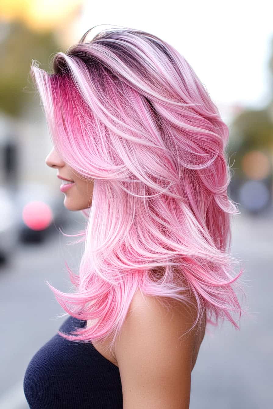 Woman with feathered watermelon layers, featuring layered pink and green strands adding volume and texture.