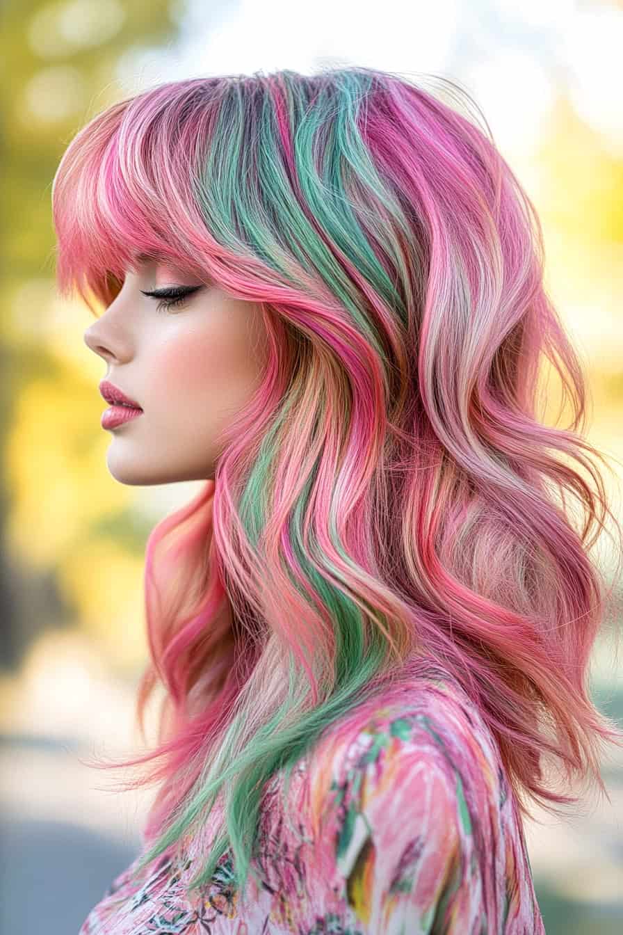 Woman with multi-dimensional watermelon color techniques, featuring vibrant pink and green wavy hair.